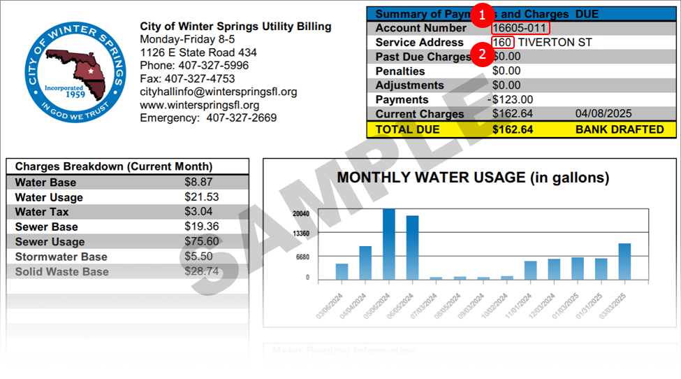 Sample Winter Springs Co Utility bill with the customer number and account number highlighted
